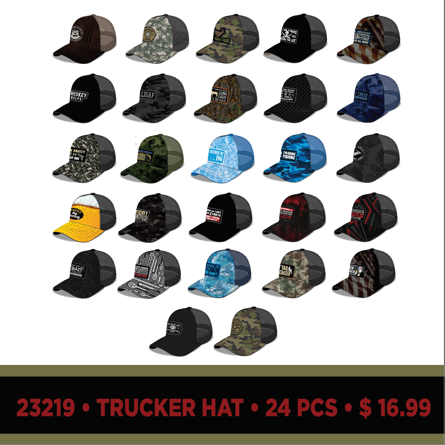 ITEM NUMBER 023219L TRUCKER HAT W PATCH - STORE SURPLUS NO DISPLAY 24  PIECES PER PACK