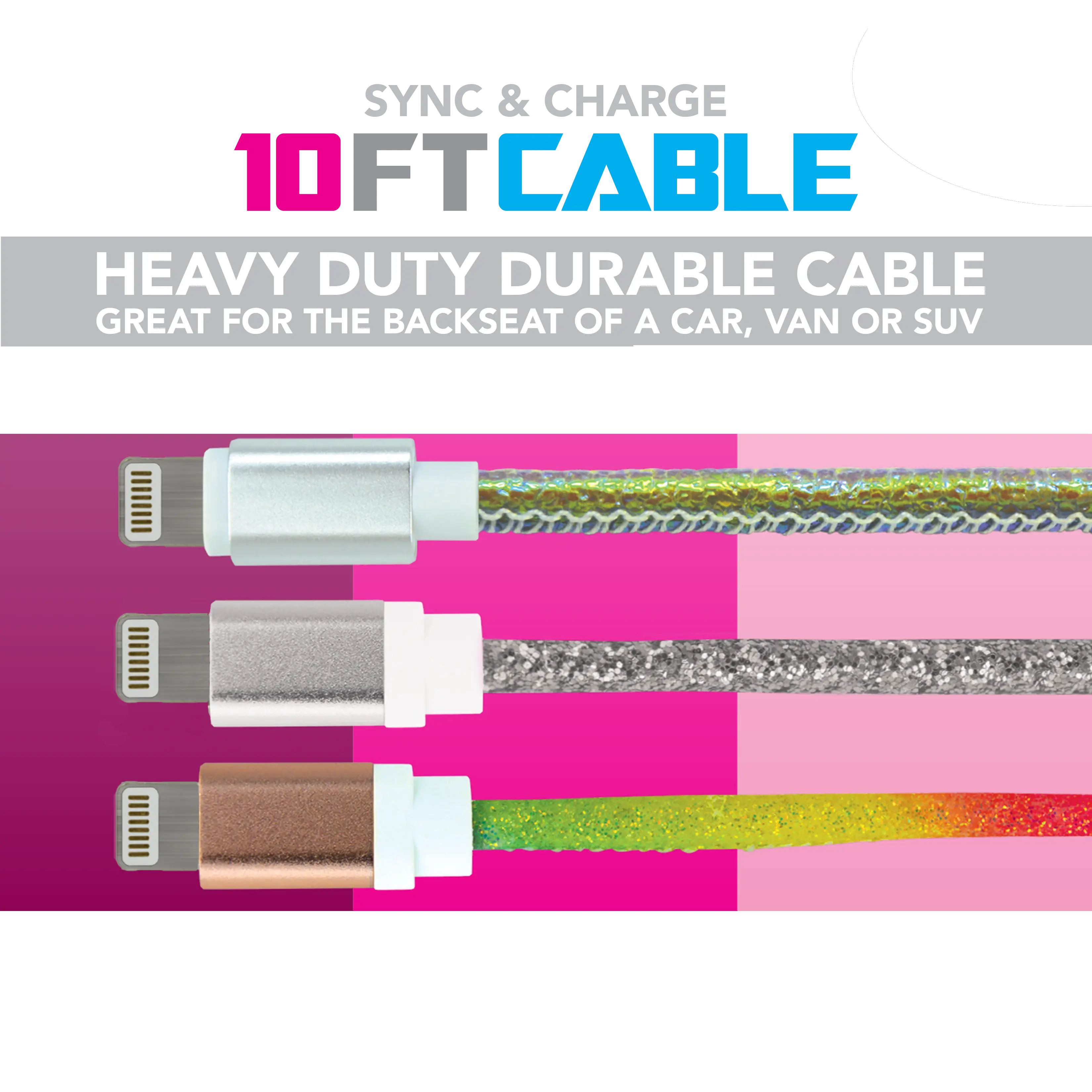 10ft Rainbow Lightning Cable - Store Surplus No Display - 8 Pieces Per Pack 41364L STORE SURPLUS