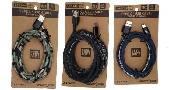 ITEM NUMBER 023498L 9FT CANVAS CABLE USB-C  - STORE SURPLUS NO DISPLAY 3 PIECES PER PACK STORE SURPLUS