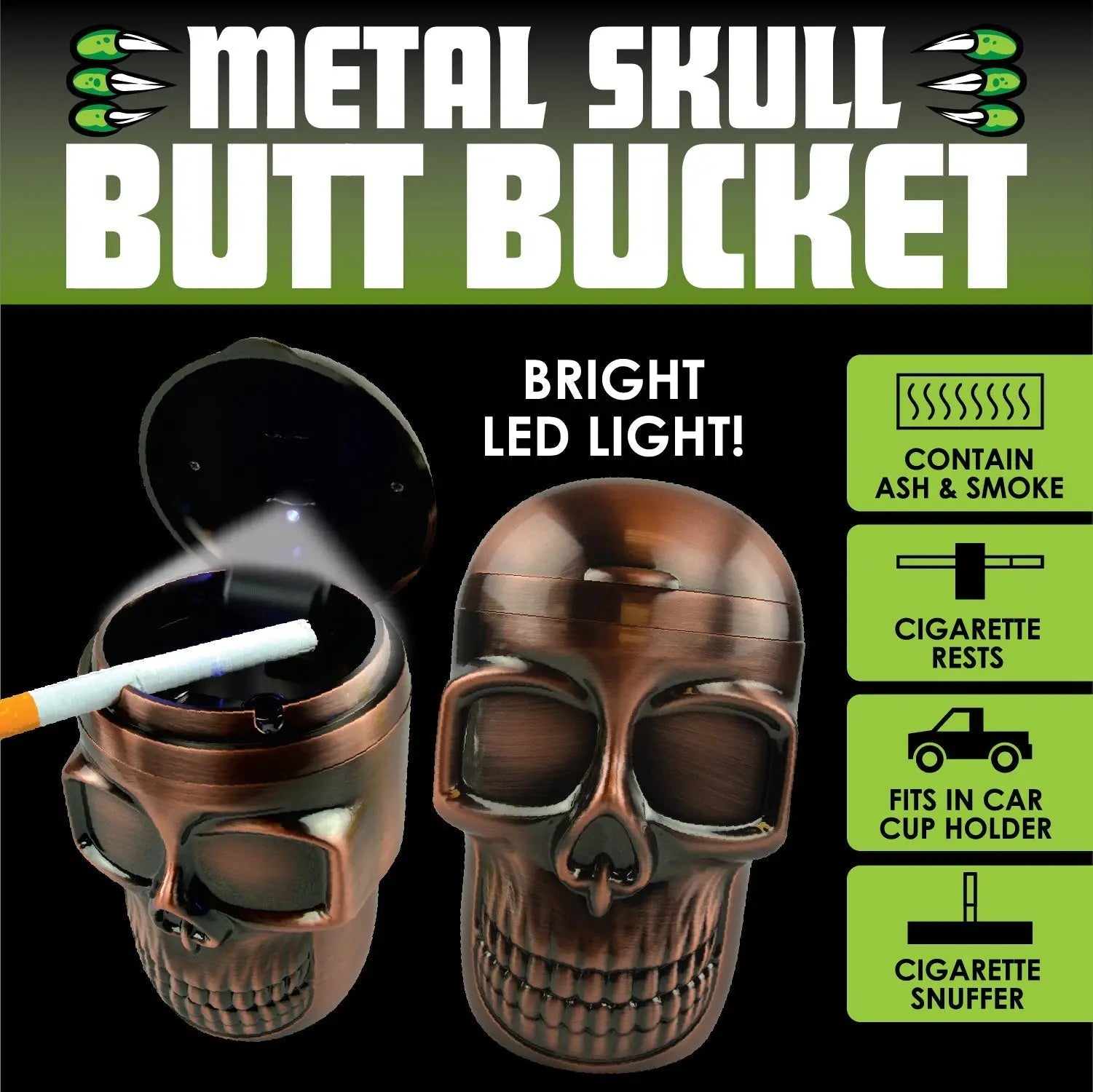 Metal Skull Butt Bucket Ashtray with LED Light - 6 Pieces Per Retail Ready Display 23531 WHOLESALE