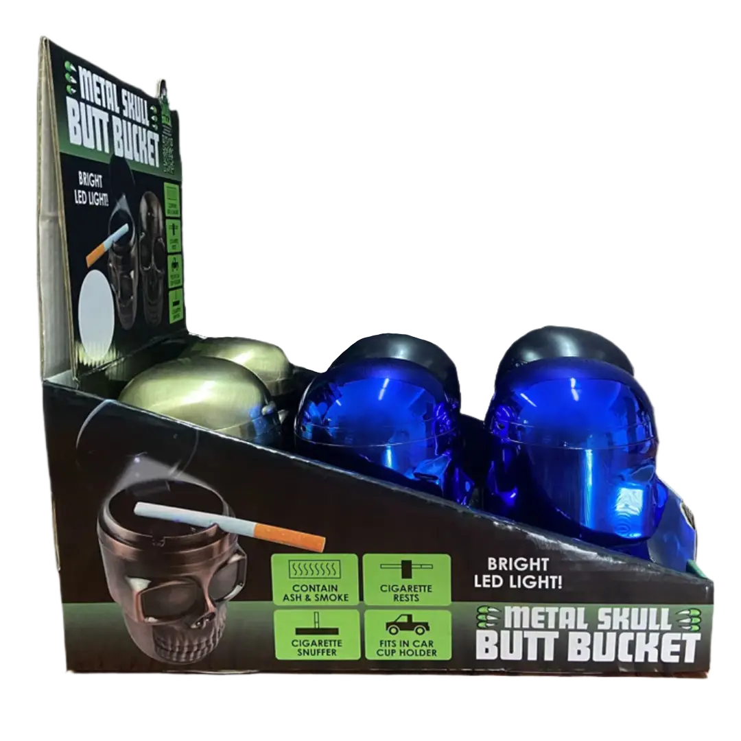 Metal Skull Butt Bucket Ashtray with LED Light - 6 Pieces Per Retail Ready Display 23531 WHOLESALE