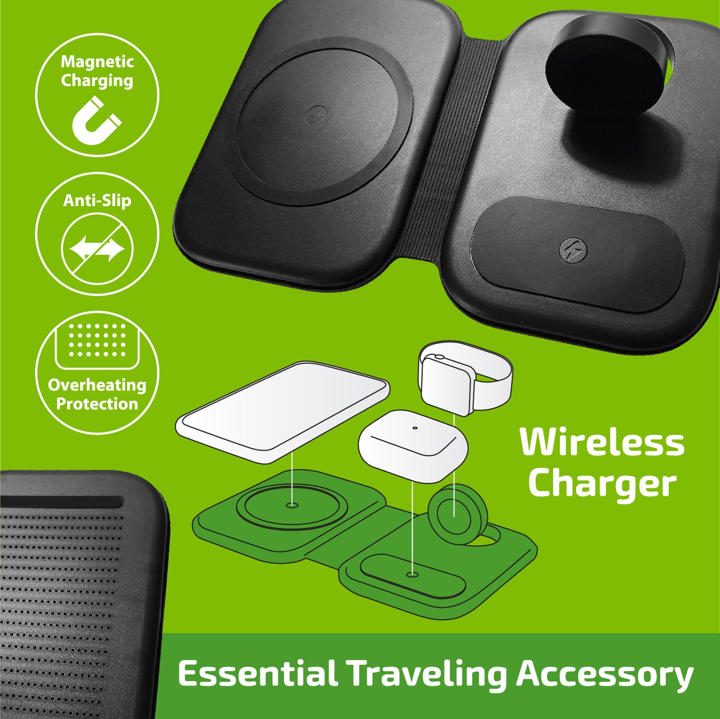 ITEM NUMBER 023754 3-IN-1 WIRELESS TRAVEL CHARGER 4 PIECES PER DISPLAY