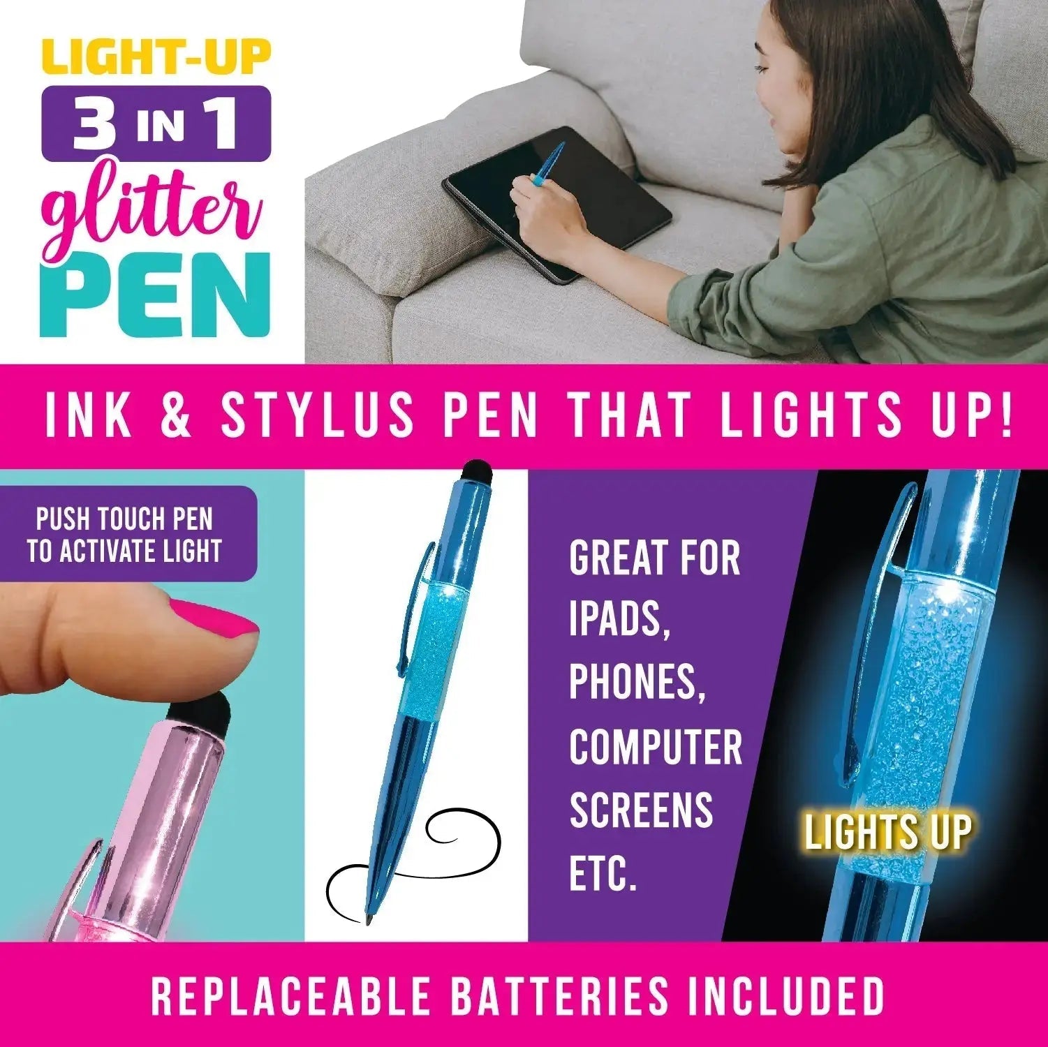 Light Up Glitter Pen with LED Light - 12 Pieces Per Retail Ready Display 23993 NOVELTY INC