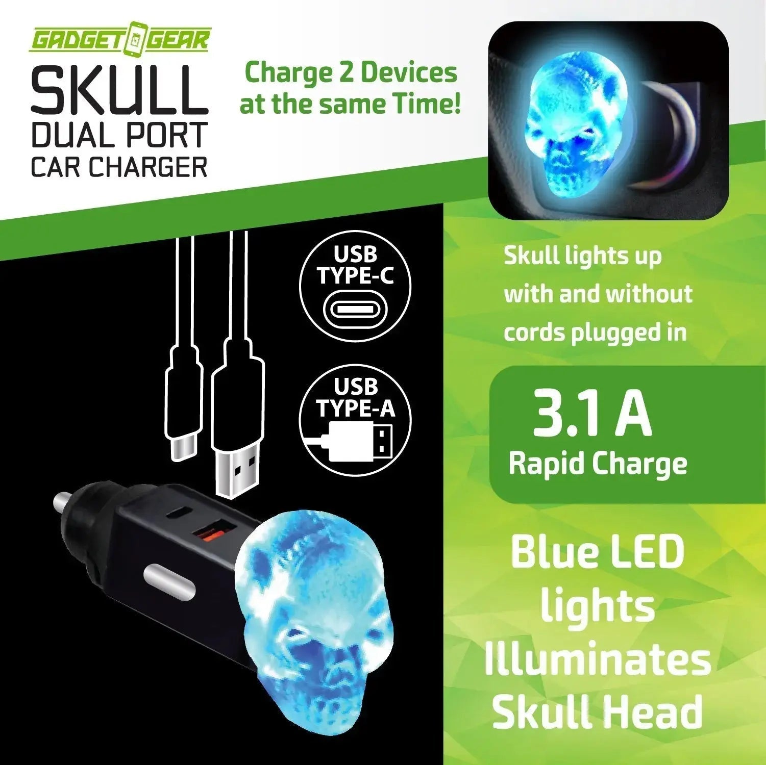 Car Charger Dual Port USB / USB-C LED Skull 3.1 Amp - 6 Pieces Per Retail Ready Display 24001 - NOVELTY INC WHOLESALE