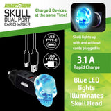 Car Charger Dual Port USB / USB-C LED Skull 3.1 Amp - 6 Pieces Per Retail Ready Display 24001 - NOVELTY INC WHOLESALE
