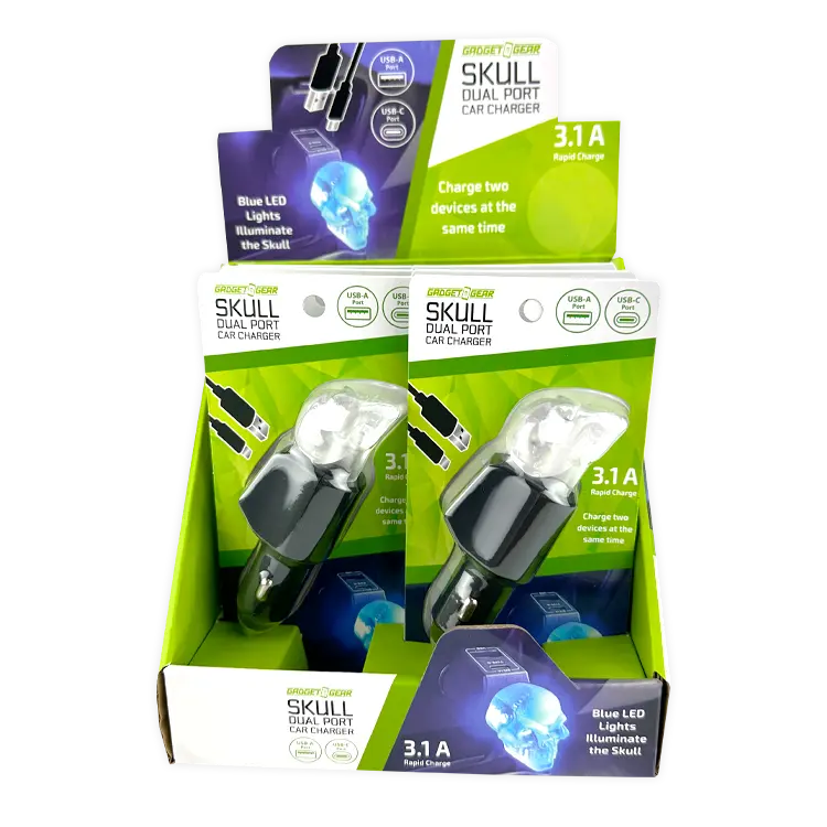 Car Charger Dual Port USB / USB-C LED Skull 3.1 Amp - 6 Pieces Per Retail Ready Display 24001 WHOLESALE