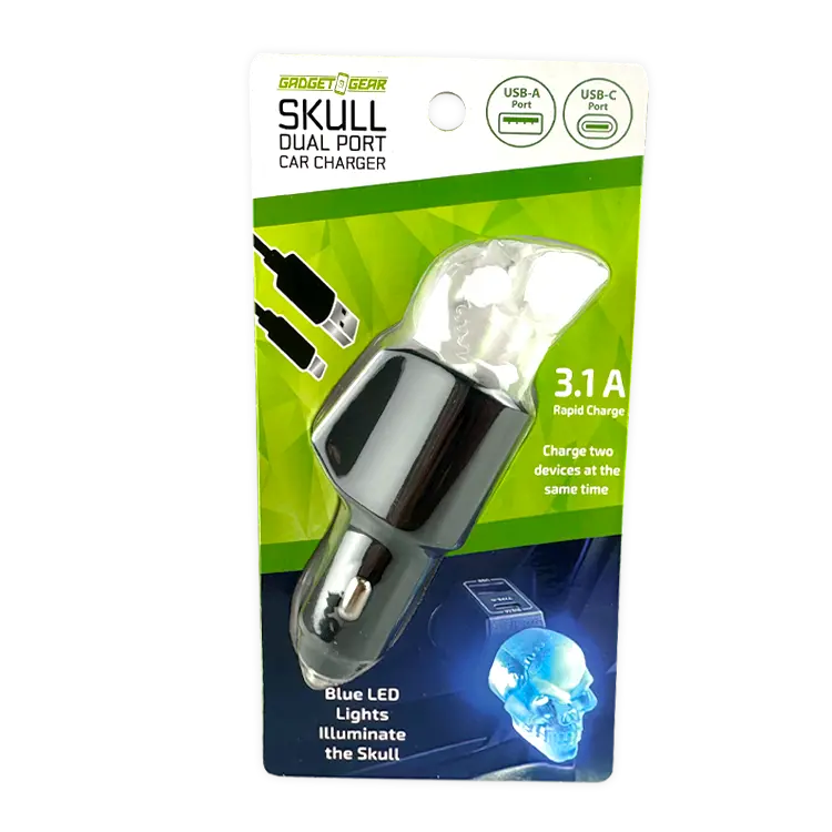 ITEM NUMBER 024001L USB / USB-C SKULL DUAL CAR CHARGER - STORE SURPLUS NO DISPLAY - 6 PIECES PER PACK STORE SURPLUS