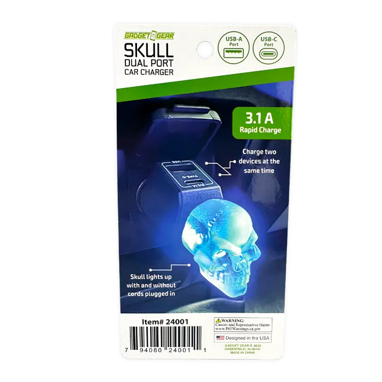 Car Charger Dual Port USB / USB-C LED Skull 3.1 Amp - 6 Pieces Per Retail Ready Display 24001 WHOLESALE