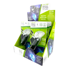 Car Charger Dual Port USB / USB-C LED Skull 3.1 Amp - 6 Pieces Per Retail Ready Display 24001 WHOLESALE