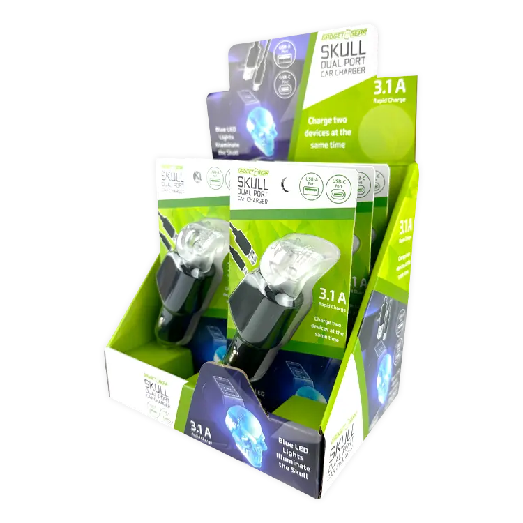 Car Charger Dual Port USB / USB-C LED Skull 3.1 Amp - 6 Pieces Per Retail Ready Display 24001 WHOLESALE
