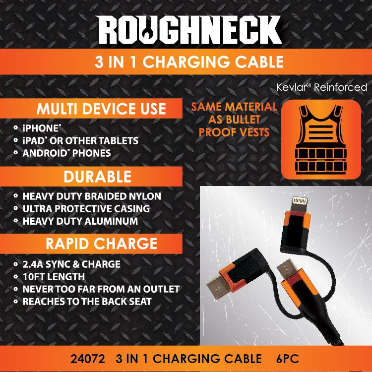 ITEM NUMBER 024072 ROUGHNECK 10FT 3 IN 1 CABLE 6 PIECES PER DISPLAY