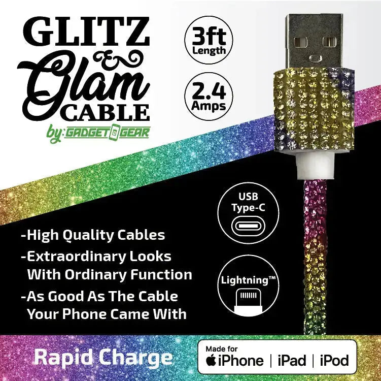 Charging Cable 3FT 2.4Amp USB-to-USB-C / Lightning Glitz N Glam Assortment - 6 Pieces Per Retail Ready Display 25948 GADGET GEAR