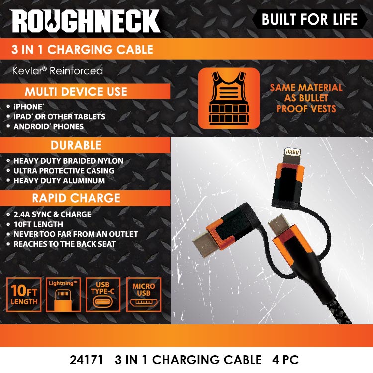 ITEM NUMBER 024171 ROUGHNECK 10FT 3 IN 1 CABLE 4 PIECES PER PACK