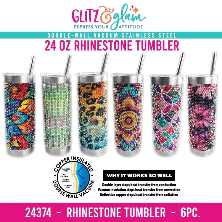 Insulated 24 Oz Rhinestone Tumbler Cup - 6 Pieces Per Retail Ready Display 24374 WHOLESALE