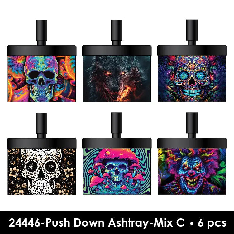 ITEM NUMBER 024446L PUSH DOWN METAL ASHTRAY - STORE SURPLUS - 6 PIECES PER PACK STORE SURPLUS