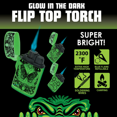 ITEM NUMBER 024448L GLOW IN THE DARK FLIP TOP TORCH LIGHTER - STORE SURPLUS NO DISPLAY 15 PIECES PER PACK