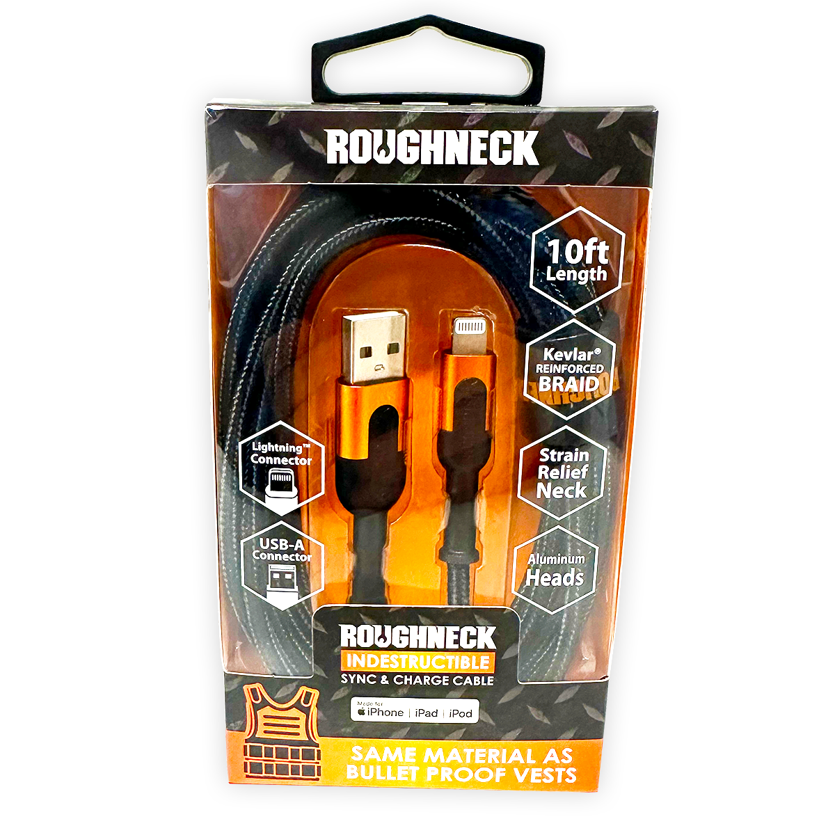 ITEM NUMBER 024569 ROUGHNECK 10FT USB-TO-LIGHTNING CABLE 3 PIECES PER DISPLAY