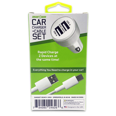 Car Charger Dual USB Ports with USB to USB-C Charging Cable Set 2.4 Amp - 3 Pieces Per Pack 24626
