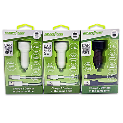 Car Charger Dual USB Ports with USB to USB-C Charging Cable Set 2.4 Amp - 3 Pieces Per Pack 24626