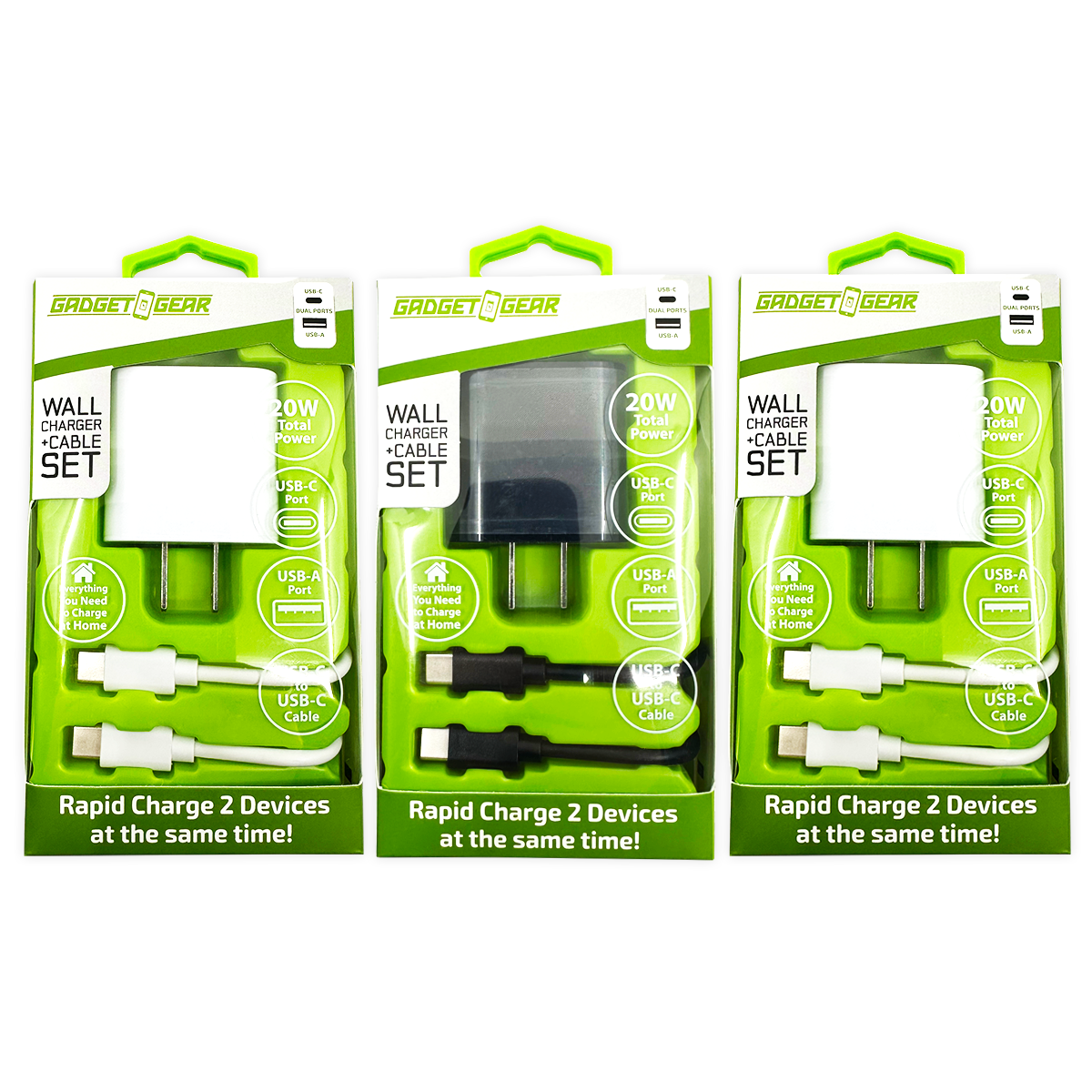 AC Wall Charger Dual USB / USB-C Ports with USB-C to USB-C Charging Cable Set 20 Watts - 3 Pieces Per Set 24628