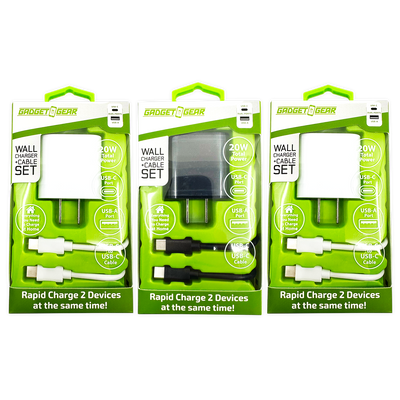 AC Wall Charger Dual USB / USB-C Ports with USB-C to USB-C Charging Cable Set 20 Watts - 3 Pieces Per Set 24628
