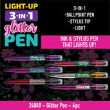 WHOLESALE LIGHT-UP 3-IN-1 GLITTER PEN 6 PIECES PER DISPLAY 24849