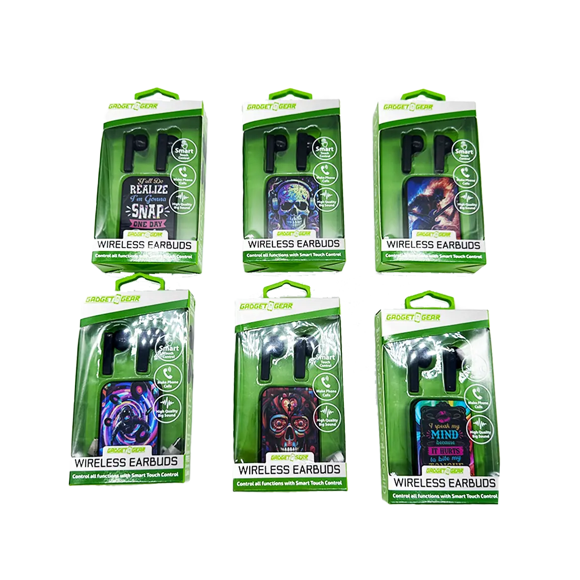 PRINTED WIRELESS EARBUDS - STORE SURPLUS NO DISPLAY - 6 PIECES PER PACK 25062L STORE SURPLUS