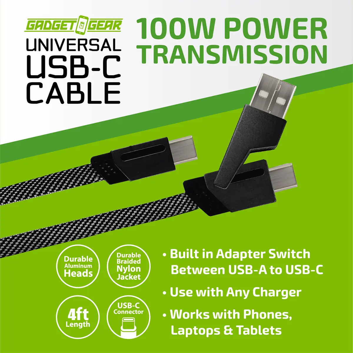Charging Cable USB-C to USB-C with USB Adapter 4FT 100 Watts - STORE SURPLUS NO DISPLAY - 6 Pieces Per Pack 25080L STORE SURPLUS