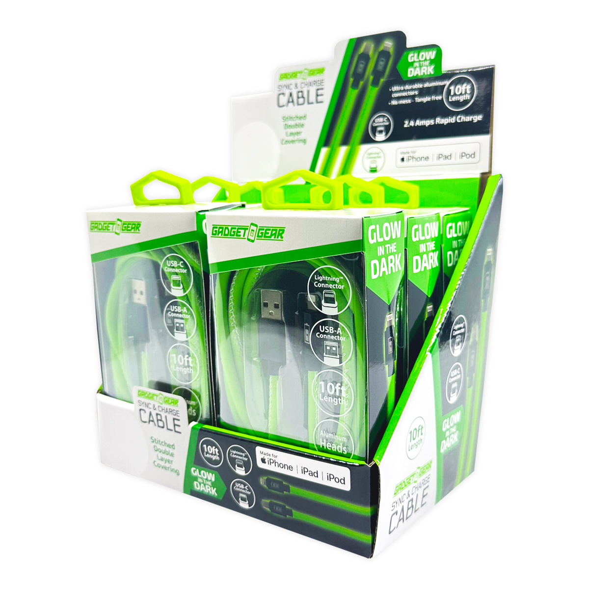 Charging Cable Glow In The Dark Assortment 10FT - 6 Pieces Per Retail Ready Display 25113