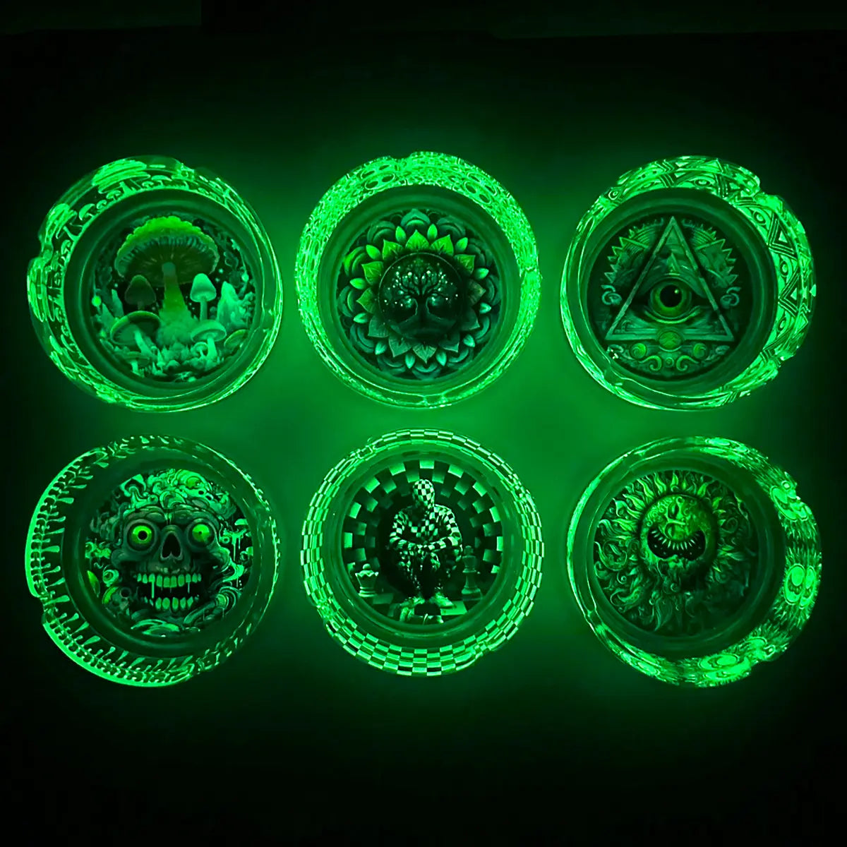 Glow in The Dark Glass Ashtray - Store Surplus No Display - 6 Pieces Per Pack 25136L STORE SURPLUS