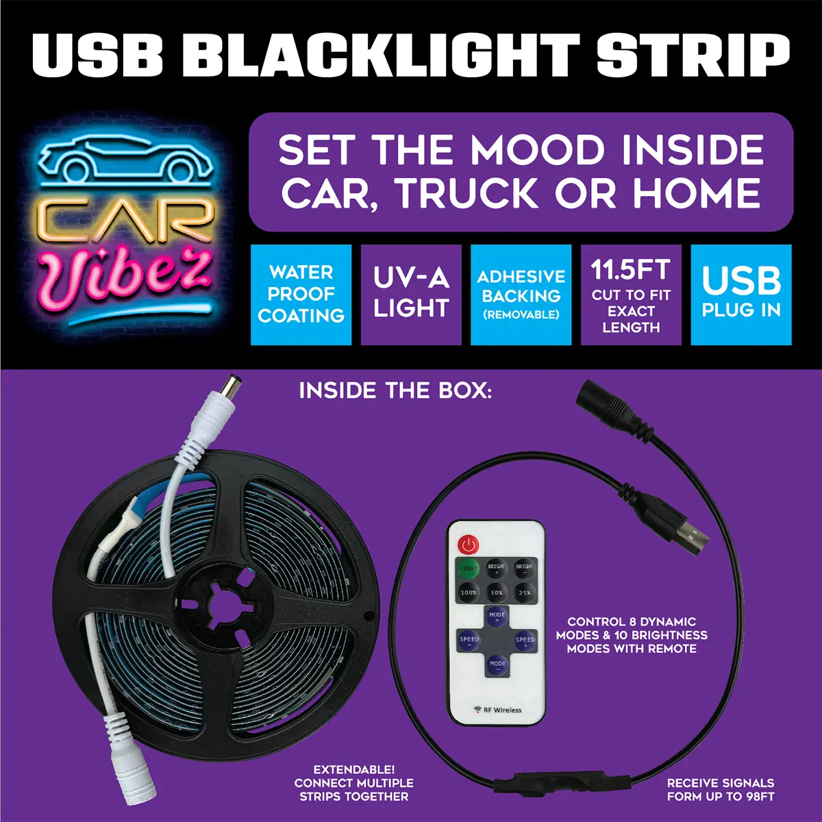 USB Blacklight Strip with Remote 11.5FT - 6 Pieces Per Retail Ready Display 25244 WHOLESALE