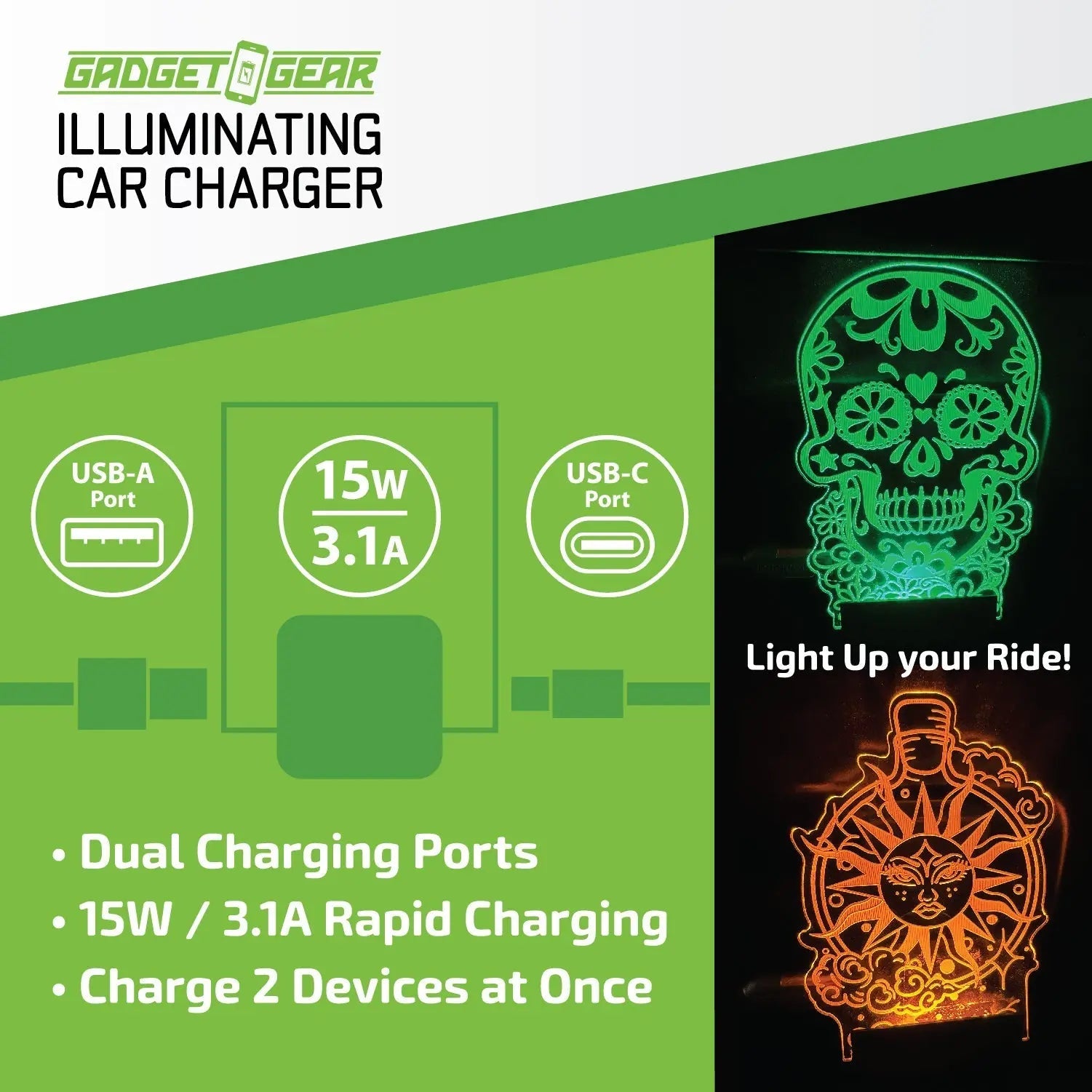 Car Charger DC Dual Port USB / USB-C with Illuminating Effects - Store Surplus No Display - 6 Pieces Per Pack 25272L STORE SURPLUS