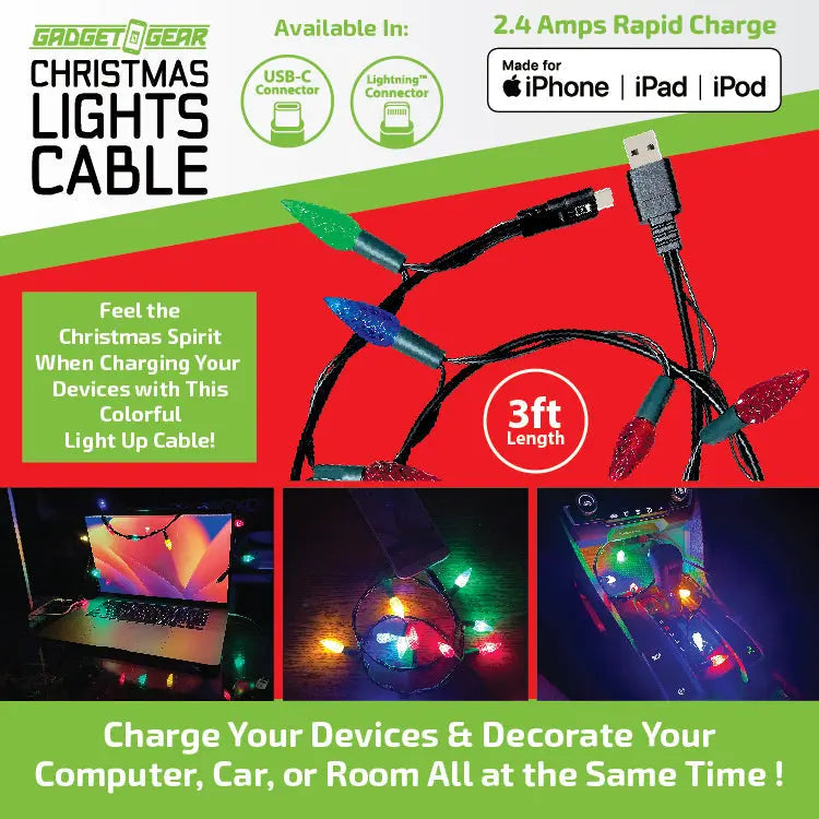 Christmas Light 3FT USB-to-Lightning / USB-C Sync and Charge Cables - 6 Pieces Per Display 25327 STORE SURPLUS