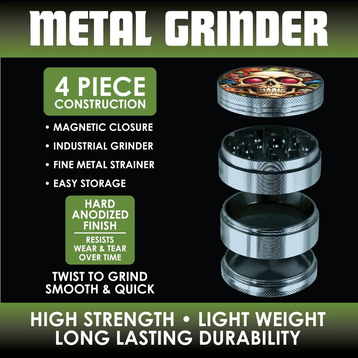 Metal 4 Piece Grinder with Printed Top - 6 Pieces Per Retail Ready Display 25551 - NOVELTY INC WHOLESALE