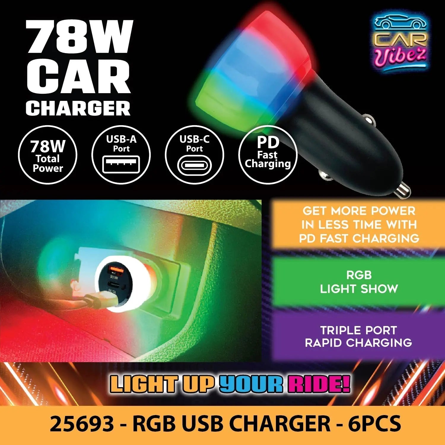 Car Charger Triple Port USB / USB-C LED 78W - 6 Pieces Per Retail Ready Display 25693 WHOLESALE