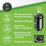 Mini Car Charger DC Dual Port USB / USB-C 20 Watts - 6 Pieces Per Retail Ready Display 25751 GADGET GEAR