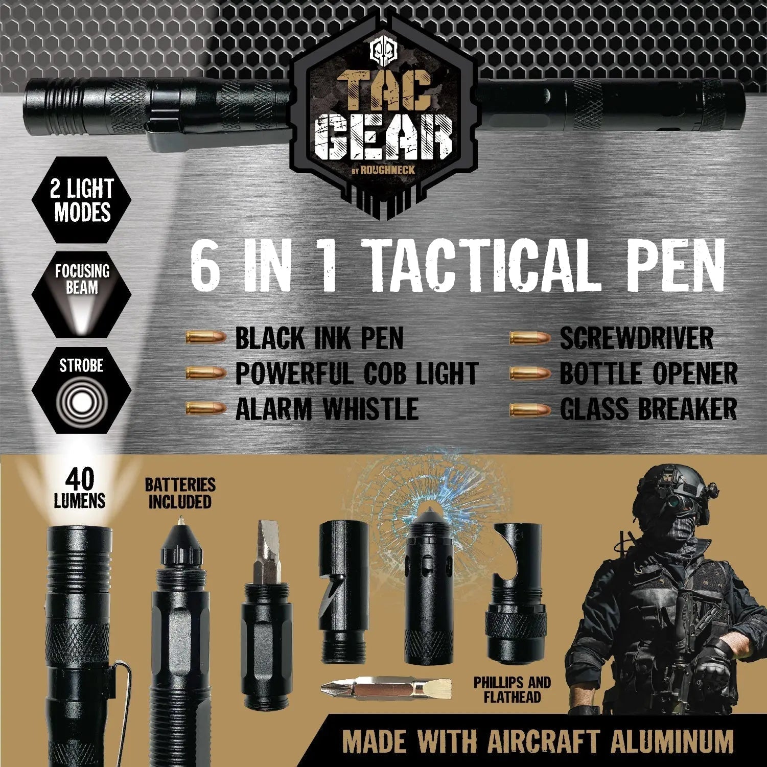 Multi-Tool 6-In-1 Tactical Pen with LED Flashlight - 6 Pieces Per Retail Ready Display 25852 - NOVELTY INC WHOLESALE
