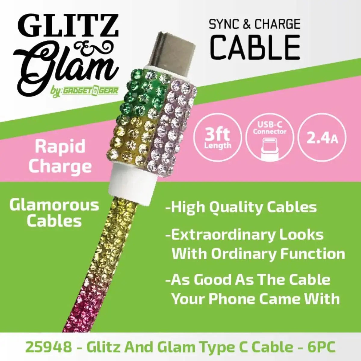 Glitz N Glam 3FT 2.4Amp Type-C Sync & Charge Cable - 6 Pieces Per Retail Ready Display 25948 GADGET GEAR