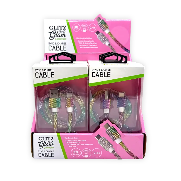Glitz N Glam 3FT 2.4Amp Type-C Sync & Charge Cable - 6 Pieces Per Retail Ready Display 25948 WHOLESALE