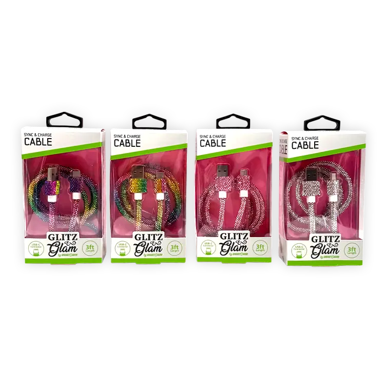 Glitz N Glam 3FT 2.4Amp Type-C Sync & Charge Cable - 6 Pieces Per Retail Ready Display 25948 WHOLESALE