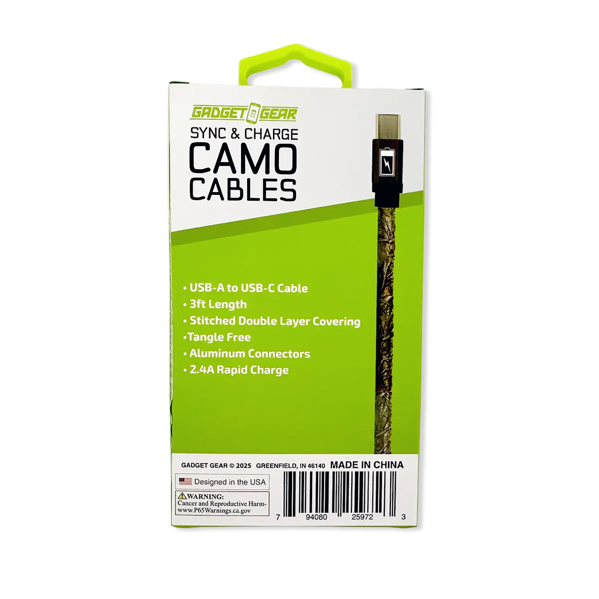 Charging Cable Camo USB-to-USB-C 3FT - 6 Pieces Per Retail Ready Display 25972 GADGET GEAR