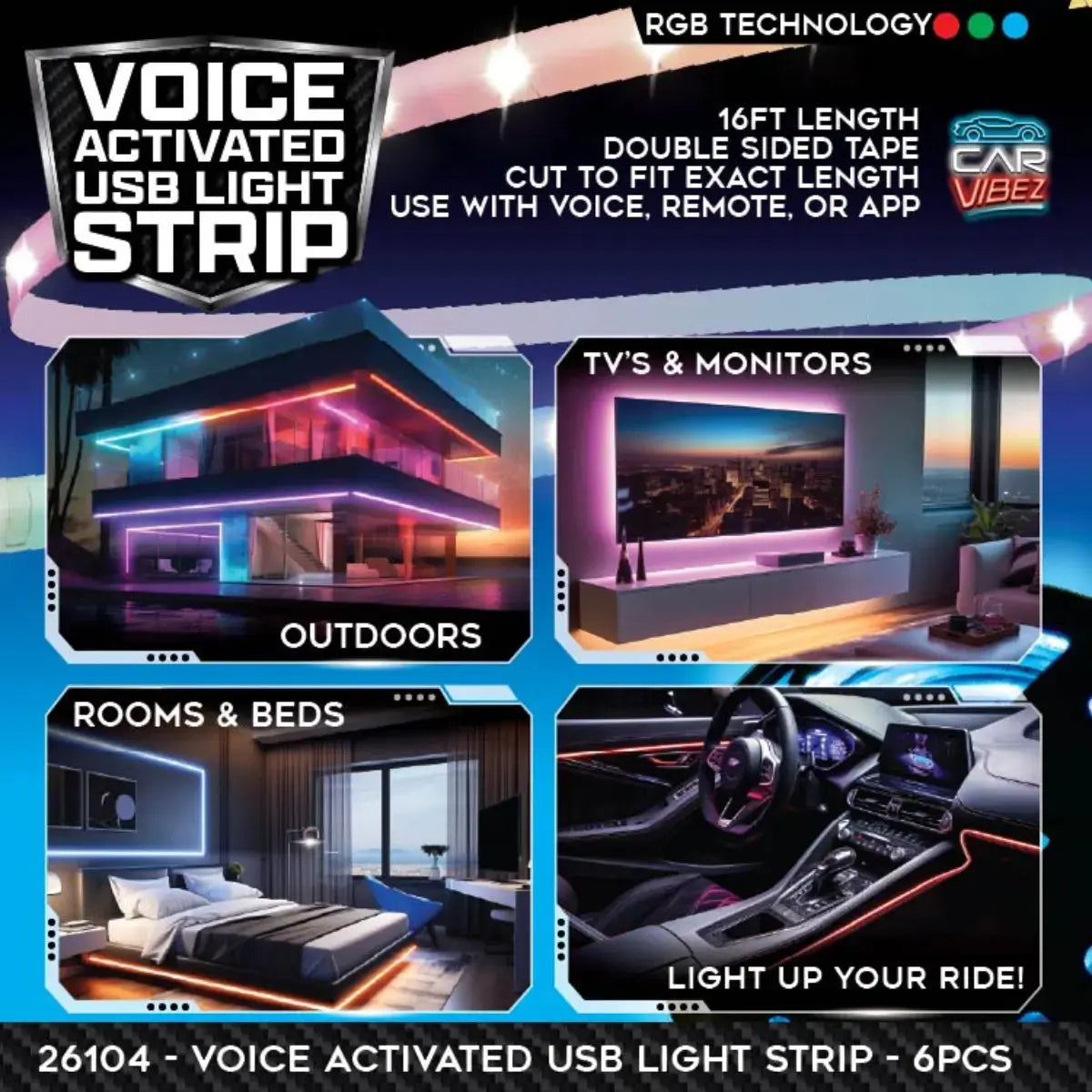 Voice Activated USB Mood Light Strip 16FT - 6 Pieces Per Retail Ready Display 26104 CAR VIBEZ