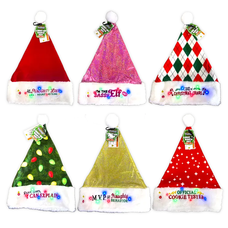 Light Up Christmas Santa Winter Hat with Merchandising Hang Strip - 6 Pieces Per Pack 26170 WHOLESALE