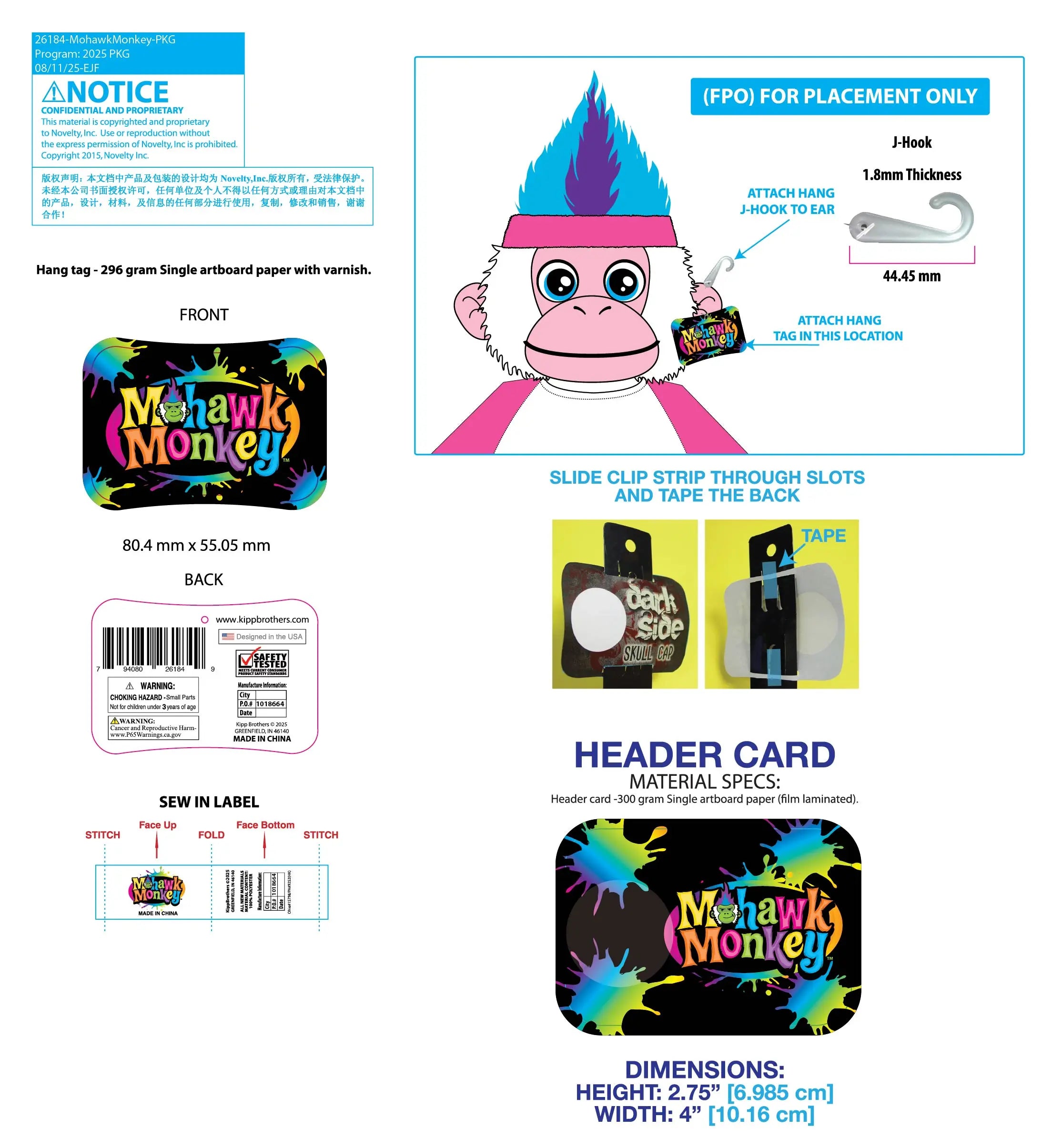 Mohawk Monkey with Merchandising Hang Strip - 6 Pieces Per Pack 26184 KIPP BROTHERS