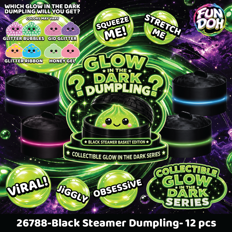 Fun Doh Squishy Glow-in-the-Dark Mystery Dumpling Black Steamer Toy - 12 Pieces Per Retail Ready Display 26788