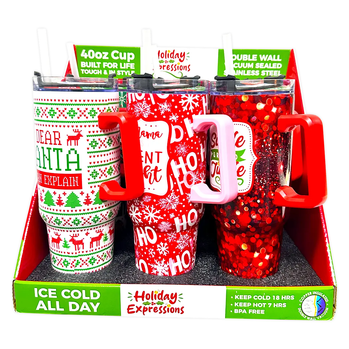 40 oz Insulated Stainless-Steel Holiday Cup - 6 Pieces Per Retail Ready Display 41709 WHOLESALE