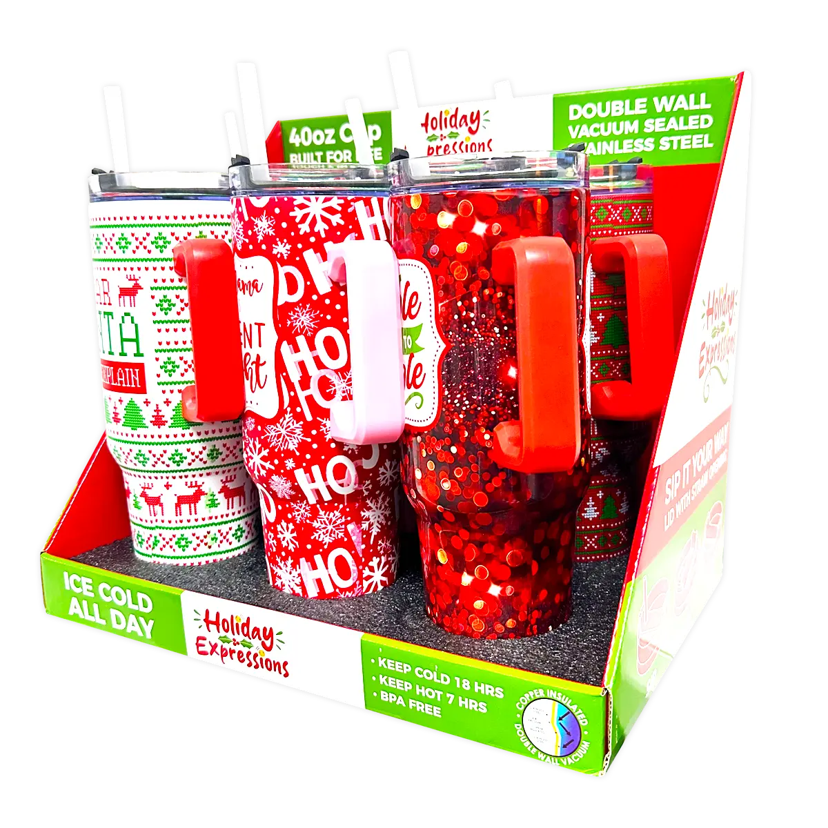 40 oz Insulated Stainless-Steel Holiday Cup - 6 Pieces Per Retail Ready Display 41709 WHOLESALE
