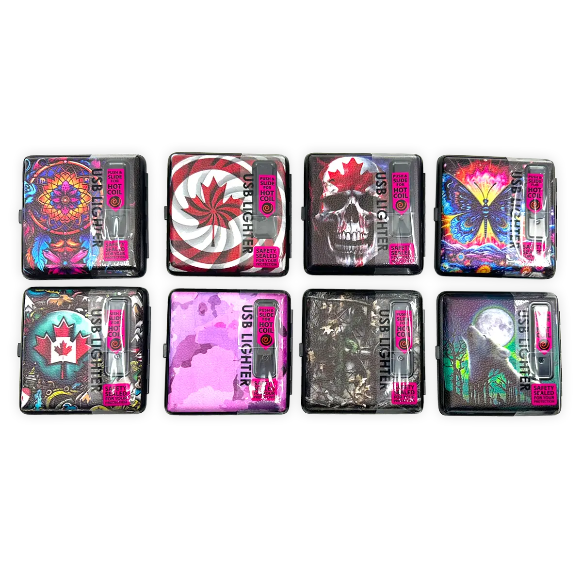 Cigarette Case with USB Coil Lighter Canada Themed Designs - 8 Pieces Per Retail Ready Display 41733 WHOLESALE