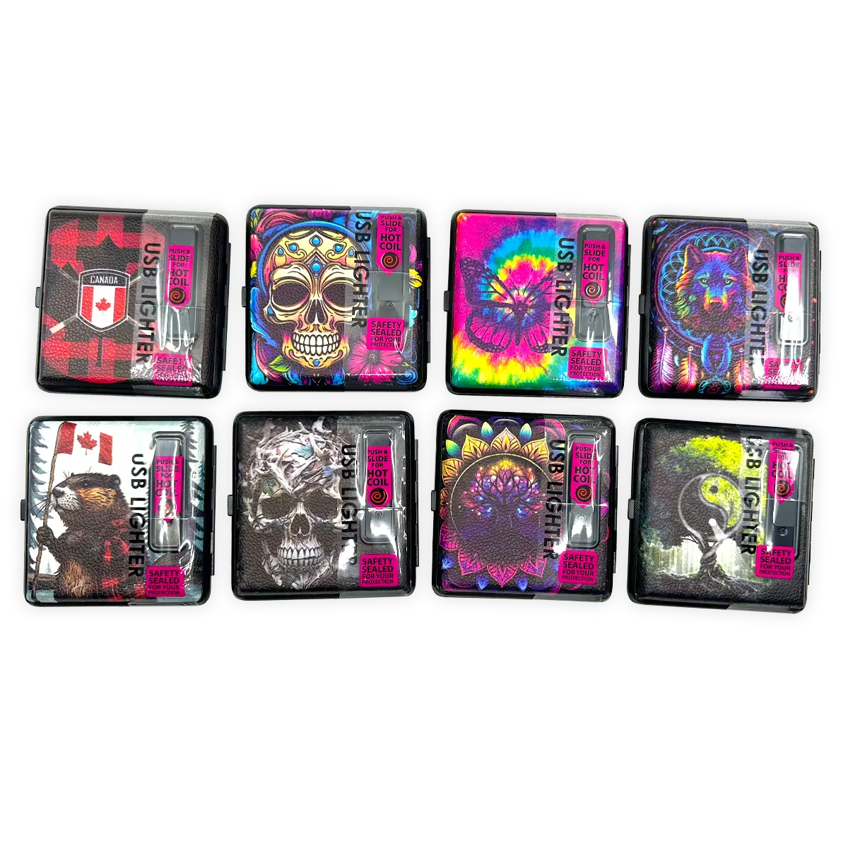 Cigarette Case with USB Coil Lighter Canada Themed Designs - 8 Pieces Per Retail Ready Display 41734 WHOLESALE