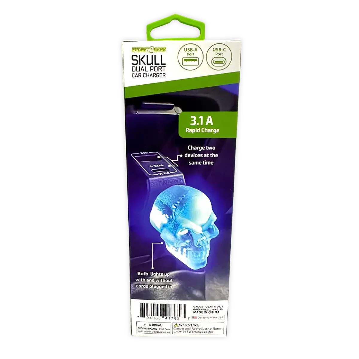 Car Charger Dual Port USB / USB-C LED Skull 3.1 Amp - 3 Pieces Per Pack 41785 GADGET GEAR